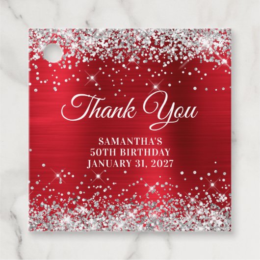 きらきら赤モノグラム 50歳誕生日感謝 フェイバータグ (正面)