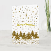 きらきら輝くゴールドのクリスマスツリー、星、雪 カード (正面)