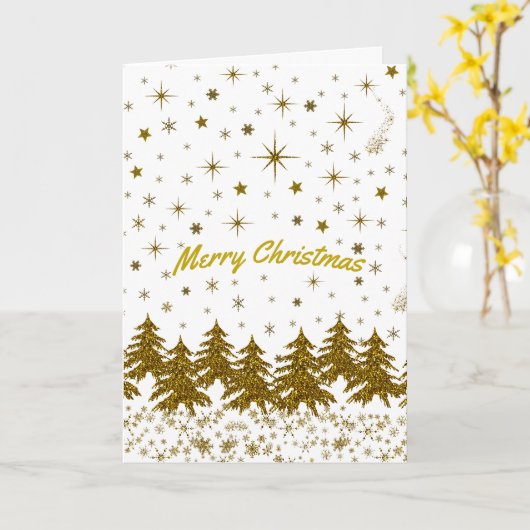 きらきら輝くゴールドのクリスマスツリー、星、雪 カード (黄色い花)