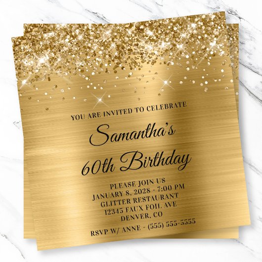 きらきら輝くゴールドのメタリックなデザインの60歳の誕生日 招待状