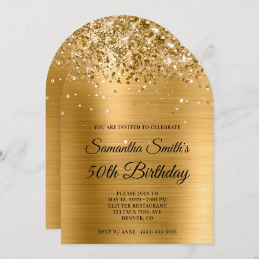 きらきら輝くゴールドのメタリックモノグラム 50歳の誕生日 招待状 (正面/裏面)
