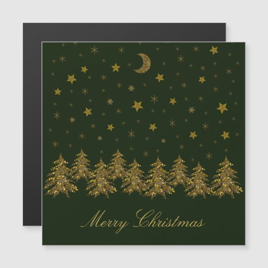きらきら輝く金のクリスマスツリー、月、星が緑の背景 (正面/裏面)