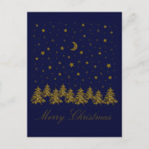 きらきら輝く金のクリスマスツリー、月、星が青い背景に