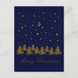 きらきら輝く金のクリスマスツリー、月、星が青い背景に シーズンポストカード