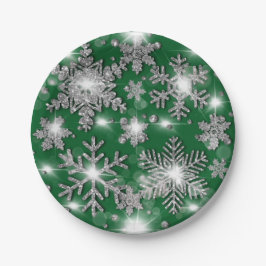きらきら輝く銀緑のフェスティブな雪の結晶のパターン ペーパープレート