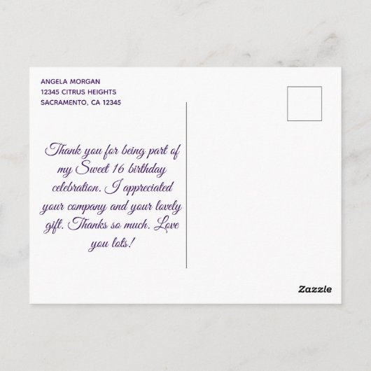 きらきら ライトパープル スウィート16 サンクス ポストカード (裏面)