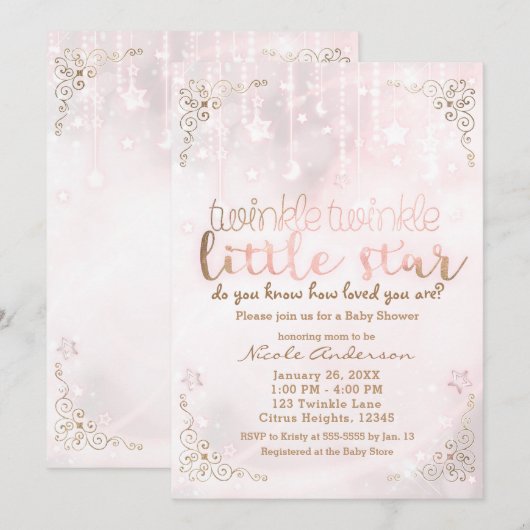 きらきら Little Star ピンクゴールドスパークルベイビーシャワー 招待状 (正面/裏面)