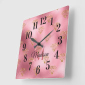 きらびやかなきらめく赤面ピンク金ゴールドモノグラム名 スクエア壁時計 (傾斜)