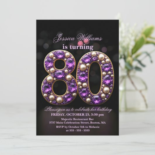 きらびやかなアメジストと真珠80誕生日 招待状 (スタンド正面)