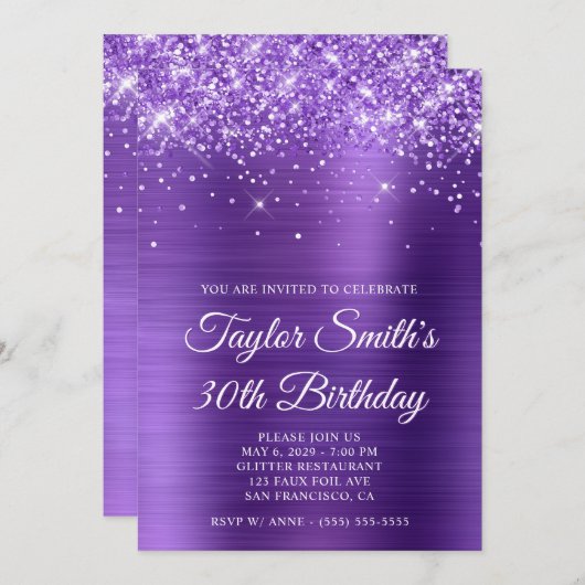きらびやかなアメジストパープル30歳の誕生日 招待状 (正面/裏面)