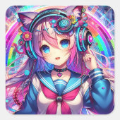きらびやかなカラフルアニメの女の子アート スクエアシール (正面)