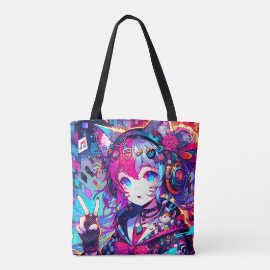 きらびやかなカラフルアニメの女の子アート トートバッグ (裏面)