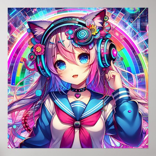 きらびやかなカラフルアニメの女の子アート ポスター (正面)