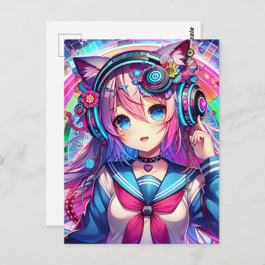 きらびやかなカラフルアニメの女の子アート ポストカード (正面/裏面)