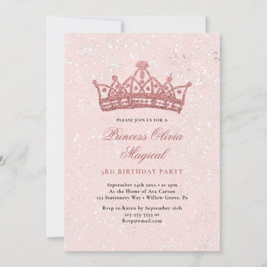 きらびやかなクラウン付きピンク&スパークル誕生日 招待状 (正面)