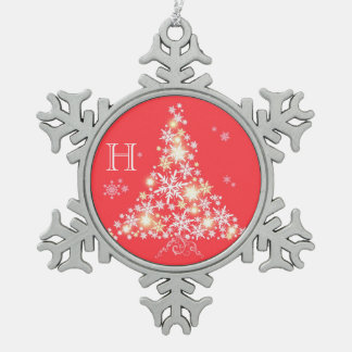 きらびやかなクリスマスツリー家族のモノグラムのオーナメント スノーフレークピューターオーナメント