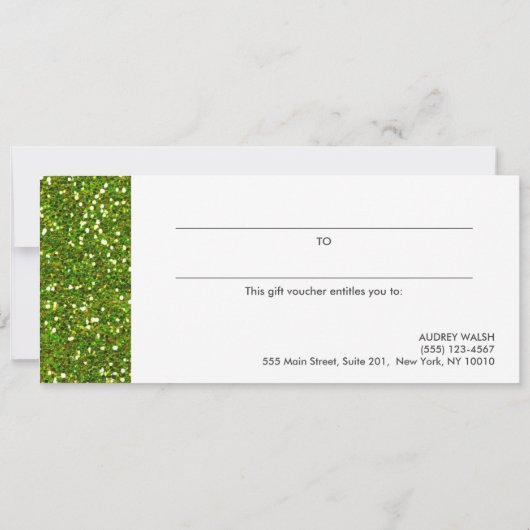 きらびやかなシックな緑のシークイン黒いギフト証明書 招待状 (裏面)