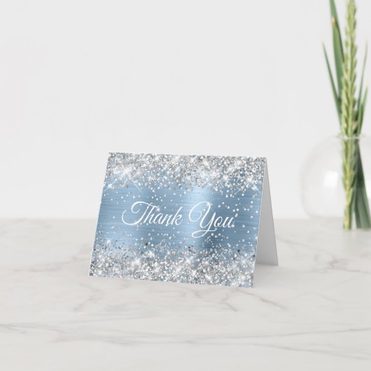 きらびやかなシルバーとライトブルーフォイル40th誕生日 サンキューカード (正面)