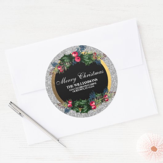 きらびやかなシルバーと金ゴールドファミリーの住所 ラウンドシール (封筒)