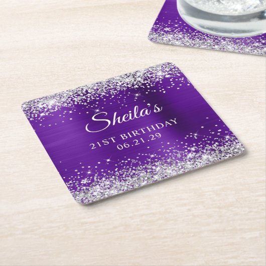 きらびやかなシルバーインディゴパープルフォイル21歳の誕生日 スクエアペーパーコースター (アングル)