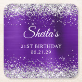 きらびやかなシルバーインディゴパープルフォイル21歳の誕生日 スクエアペーパーコースター (正面)