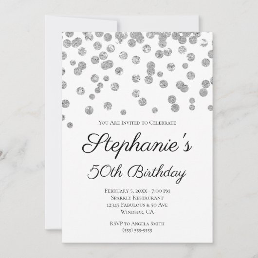 きらびやかなシルバーエレガント紙吹雪50誕生日 招待状 (正面)