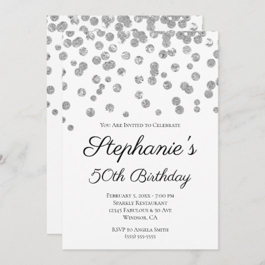 きらびやかなシルバーエレガント紙吹雪50誕生日 招待状 (正面/裏面)