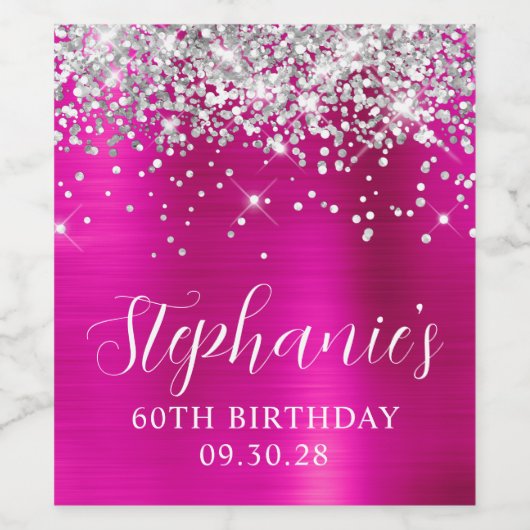 きらびやかなシルバーホットピンクフォイル60誕生日 ワインラベル (シングルラベル)