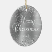 きらびやかなシルバーメリークリスマスファミリーフォト セラミックオーナメント (右)