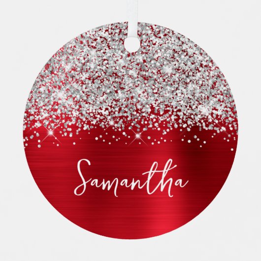 きらびやかなシルバー赤い釉薬の名前 メタルオーナメント (正面)