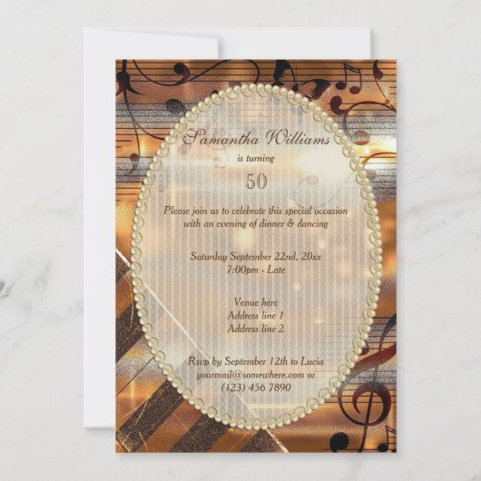 きらびやかなシルバー&金ゴールドミュージックノート50誕生日 招待状 (裏面)