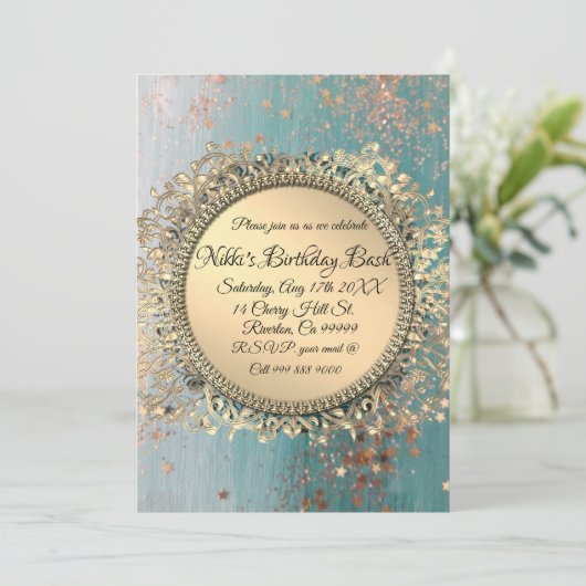 きらびやかなスターダストオンブルーパーソナライズされた誕生日 招待状 (スタンド正面)