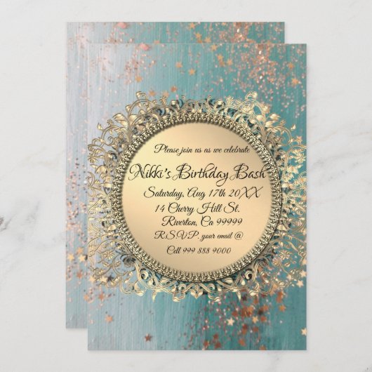 きらびやかなスターダストオンブルーパーソナライズされた誕生日 招待状 (正面/裏面)