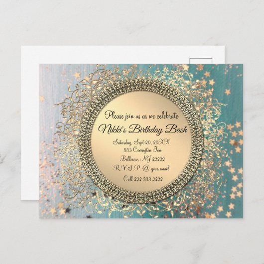 きらびやかなスターダストオンブルーパーソナライズされた誕生日 案内ポストカード (正面/裏面)