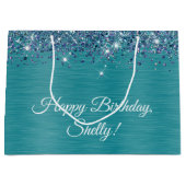 きらびやかなターコイズパーソナライズされたハッピーバースデー ラージペーパーバッグ (正面)