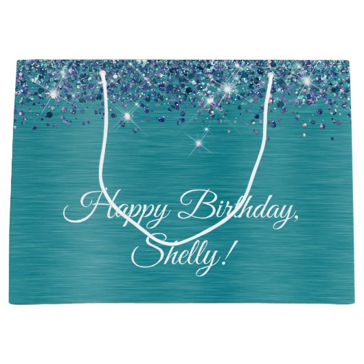 きらびやかなターコイズパーソナライズされたハッピーバースデー ラージペーパーバッグ (正面)