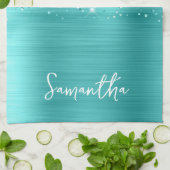 きらびやかなターコイズブルーグラム名 キッチンタオル (折り畳み)