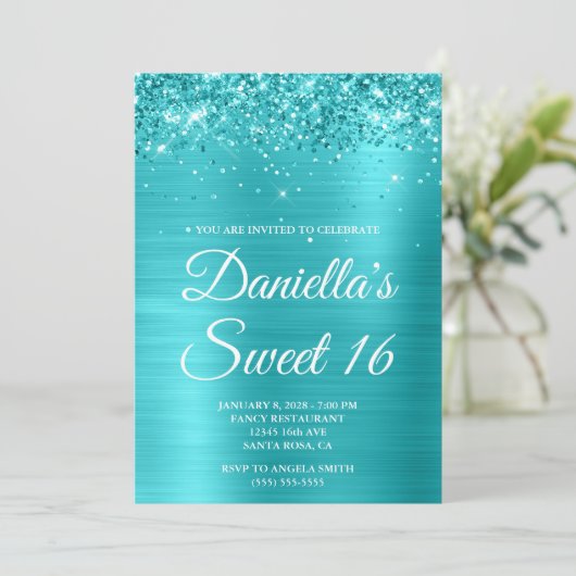 きらびやかなターコイズブルーメタリックスイート16 招待状 (スタンド正面)