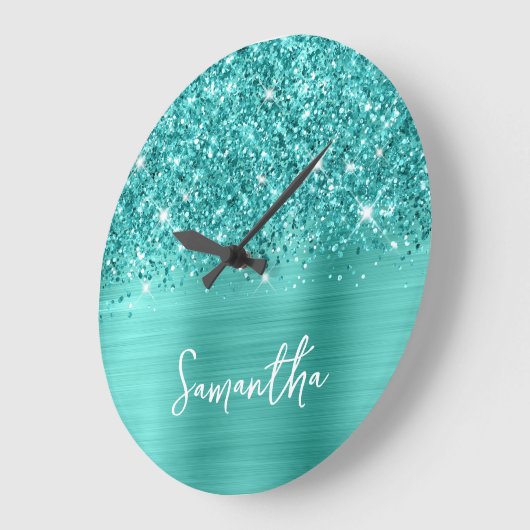 きらびやかなティール(緑がかった色)ターコイズグラムホワイトスクリプト名 ラージ壁時計 (傾斜)