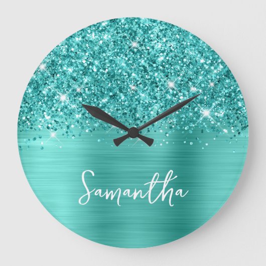 きらびやかなティール(緑がかった色)ターコイズグラムホワイトスクリプト名 ラージ壁時計 (正面)