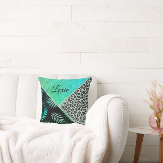 きらびやかなティール(緑がかった色)トロピカルヒョウパーソナライズされたプリント クッション (ソファ)