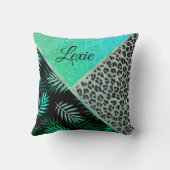 きらびやかなティール(緑がかった色)トロピカルヒョウパーソナライズされたプリント クッション (裏面)