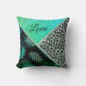 きらびやかなティール(緑がかった色)トロピカルヒョウパーソナライズされたプリント クッション (正面)