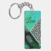 きらびやかなティール（緑がかった色）トロピカルヒョウパーソナライズされた キーホルダー (正面左)