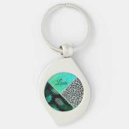 きらびやかなティール（緑がかった色）トロピカルヒョウ印刷カスタム キーホルダー