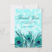 きらびやかなティール（緑がかった色）ブルーピーコックフェザーズスウィート16写真 サンキューカード (正面)