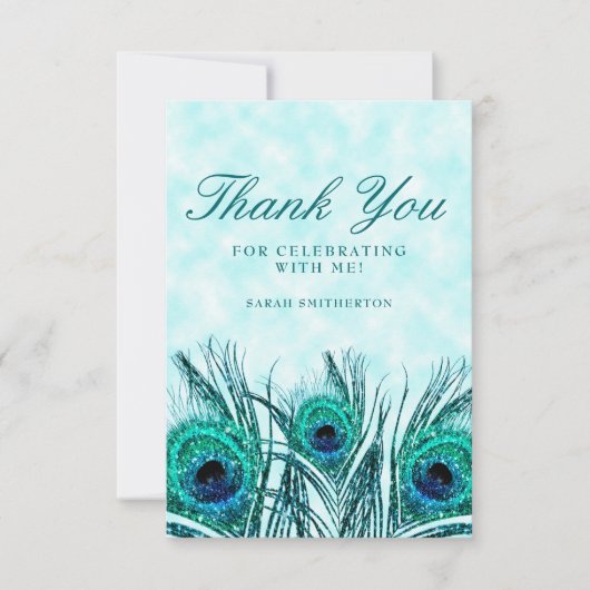 きらびやかなティール（緑がかった色）ブルーピーコックフェザーズスウィート16写真 サンキューカード (正面)