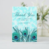 きらびやかなティール（緑がかった色）ブルーピーコックフェザーズスウィート16写真 サンキューカード (スタンド正面)