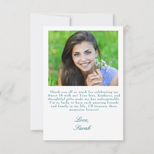 きらびやかなティール（緑がかった色）ブルーピーコックフェザーズスウィート16写真 サンキューカード (裏面)