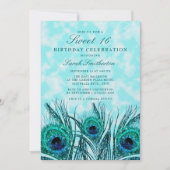 きらびやかなティール（緑がかった色）ブルーピーコックフェザーズスウィート16 招待状 (正面)